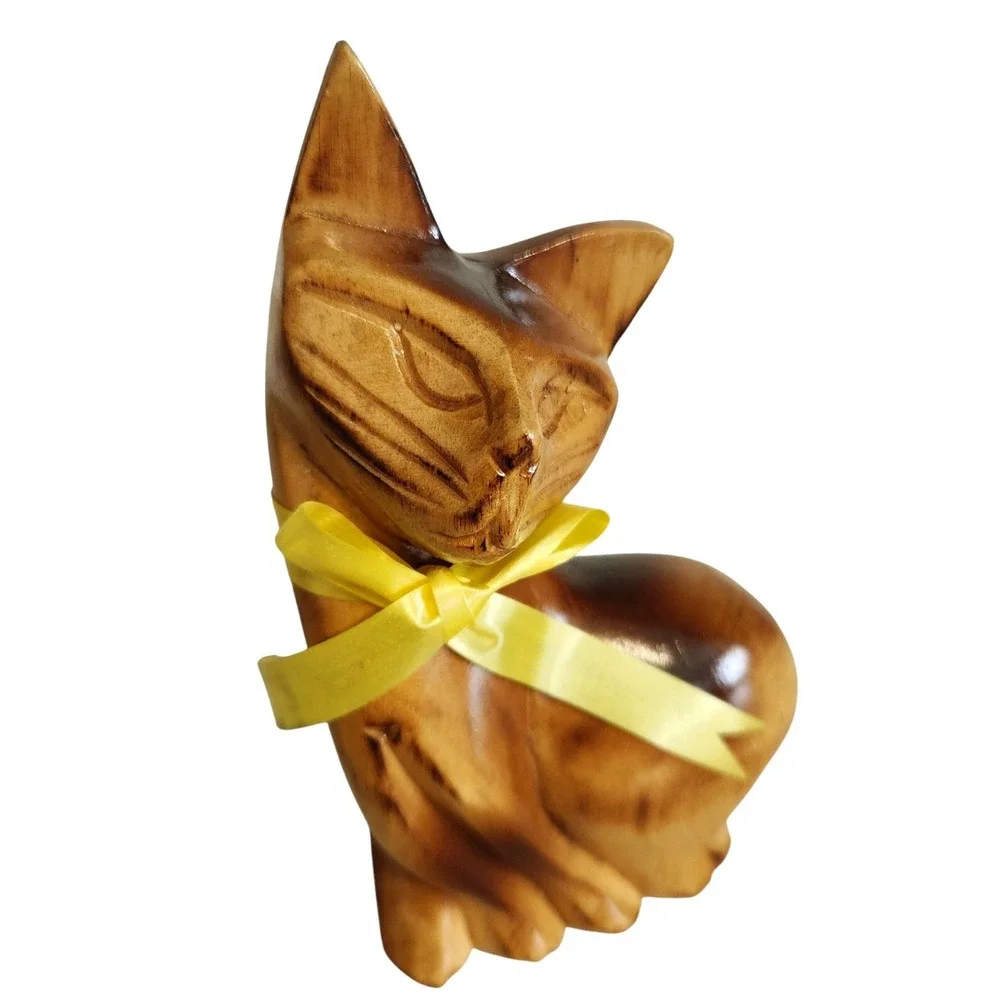 Vintage Mid‎ Century Two-tone Hand-carved Wooden Siamese Cat Figurine Statue MCM